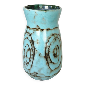 Vase vintage turquoise à glaçure craquelée : poterie artisanale, style milieu du XXe siècle