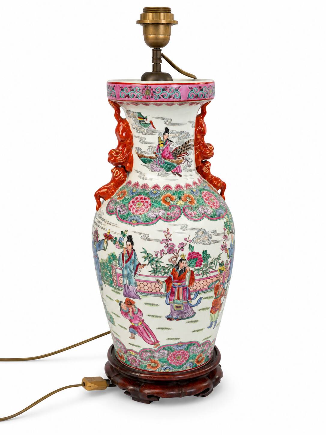 Large polychrome Chinese porcelain lamp on a wooden base – 63 cm