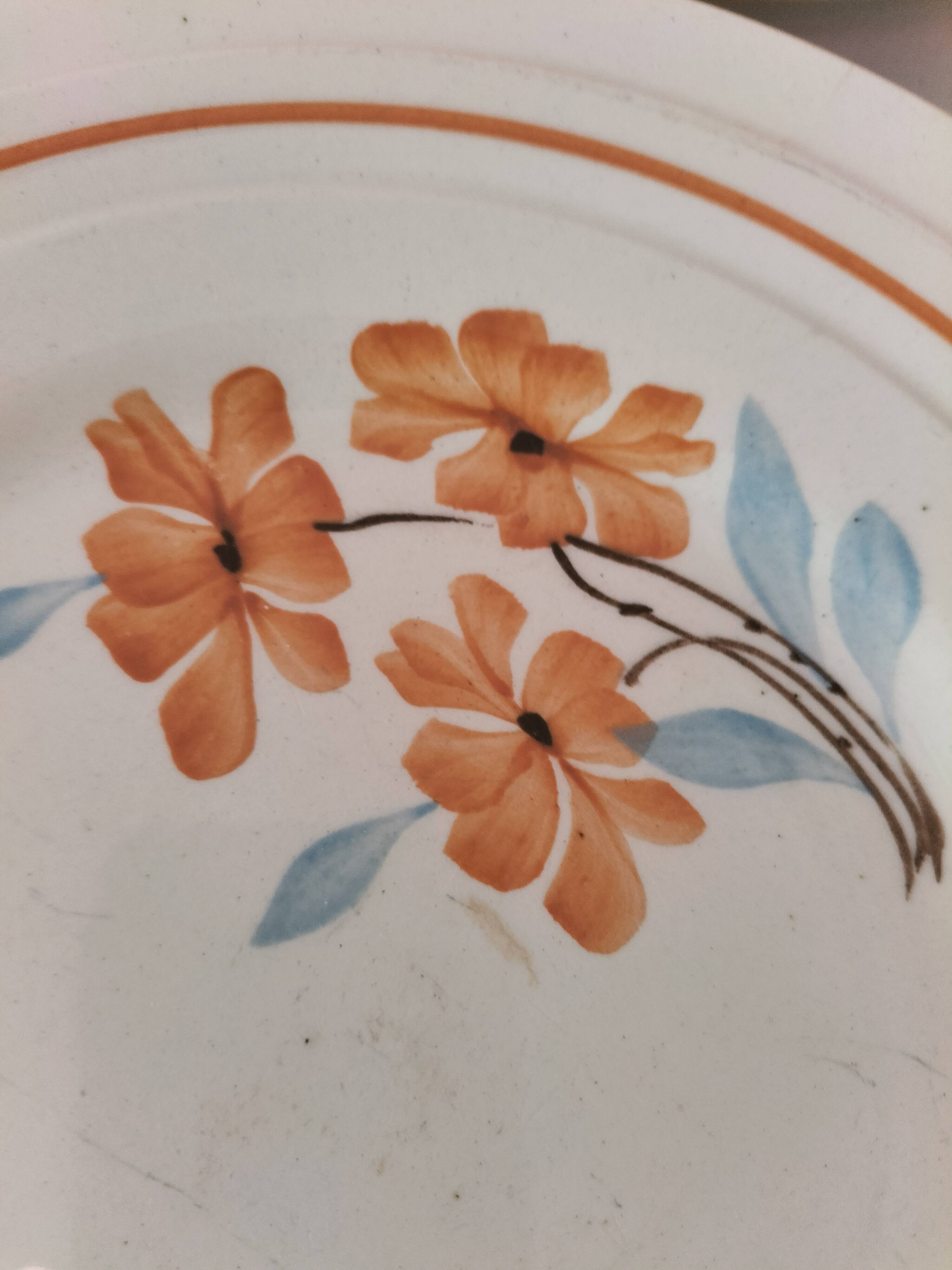 Set of 6 vintage orange and blue floral plates – 1950s