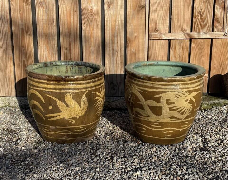 Two Antique Chinese Very Large Terracotta Dragon Plantation Pot...