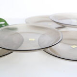 Set of 6 flat plates Arcoroc, in gray smoked glass, vintage French