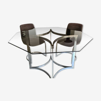 Table Roche bobois Vintage octogonale années 70 avec 7 chaises à restaurer, nettoyer