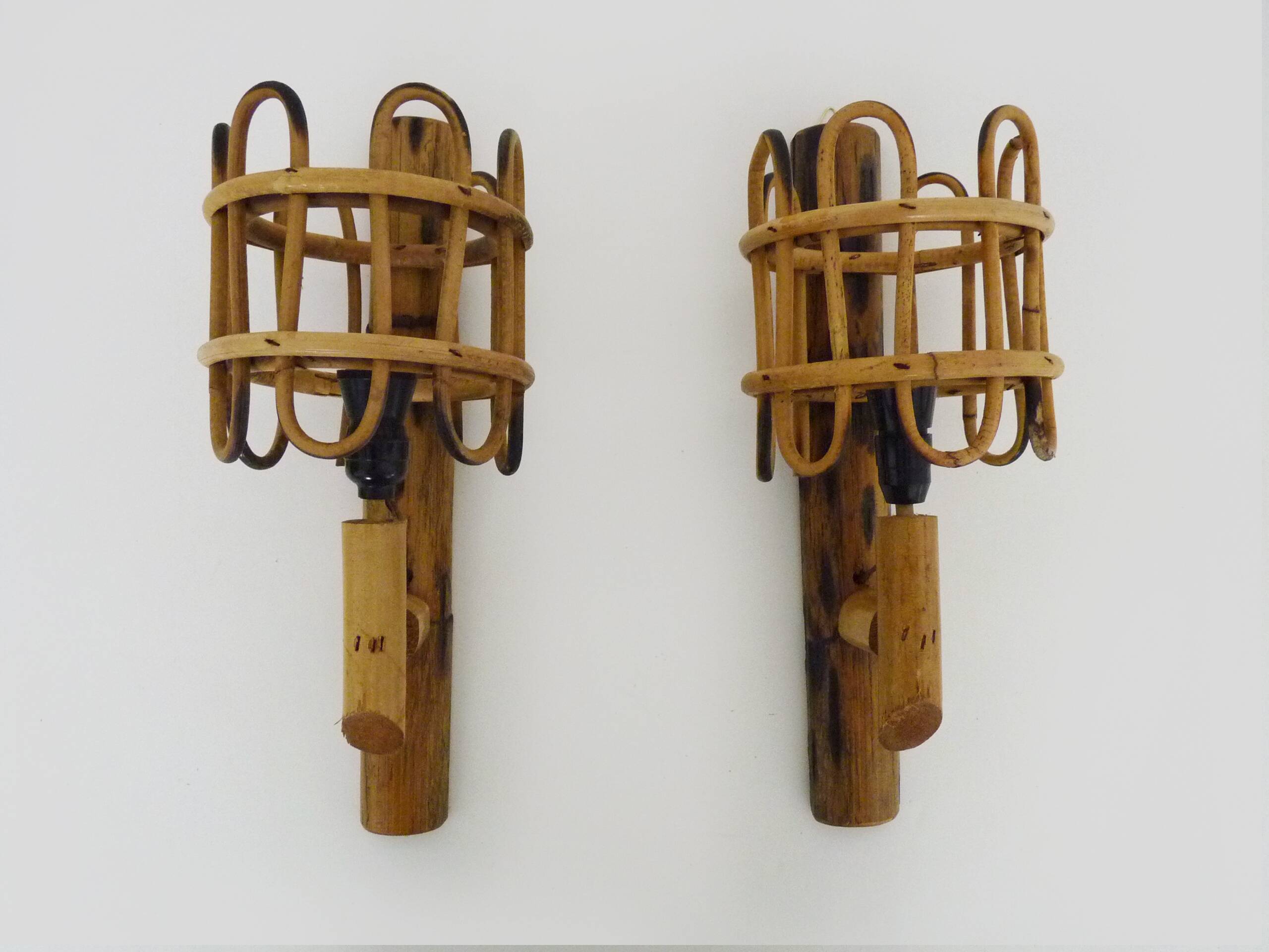 Pair of rattan bamboo lantern wall lights. 1950s-1960s