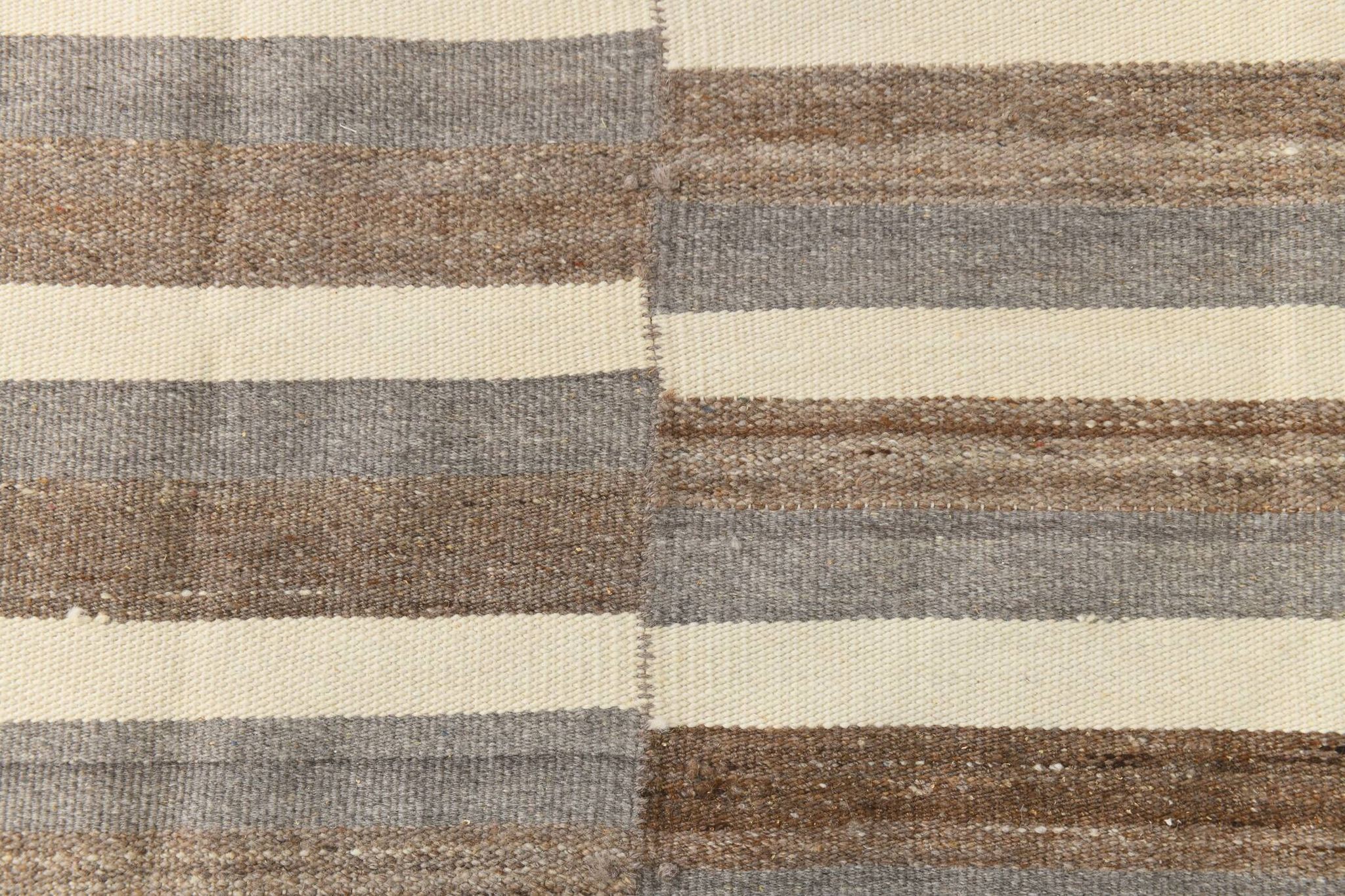 Contemporary Brown & Beige Striped Motifs Vintage Kilim Rug, 226x306Cm