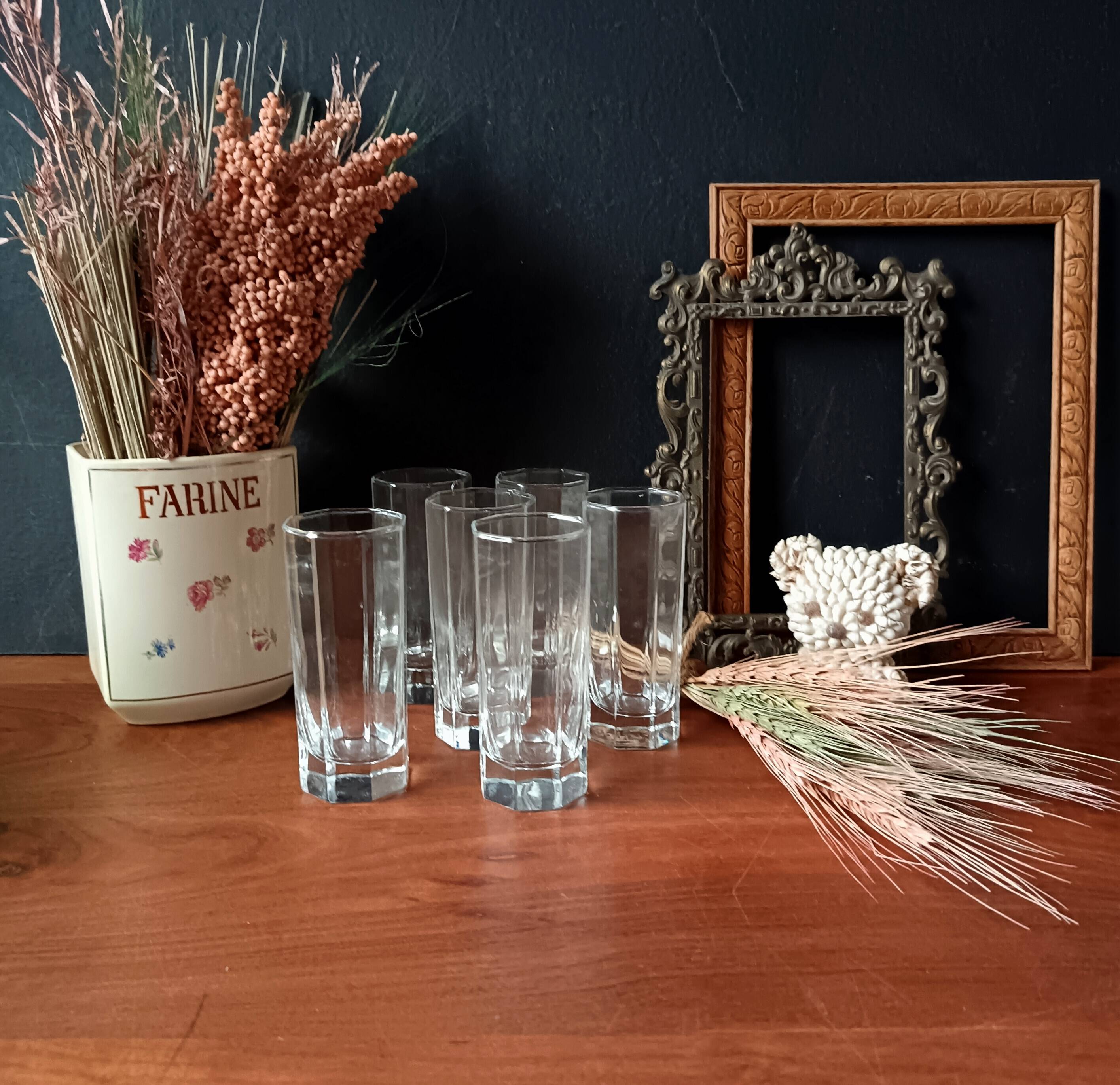 6 tall, octagonal, transparent vintage Luminarc Octime glasses (14 cl capacity)