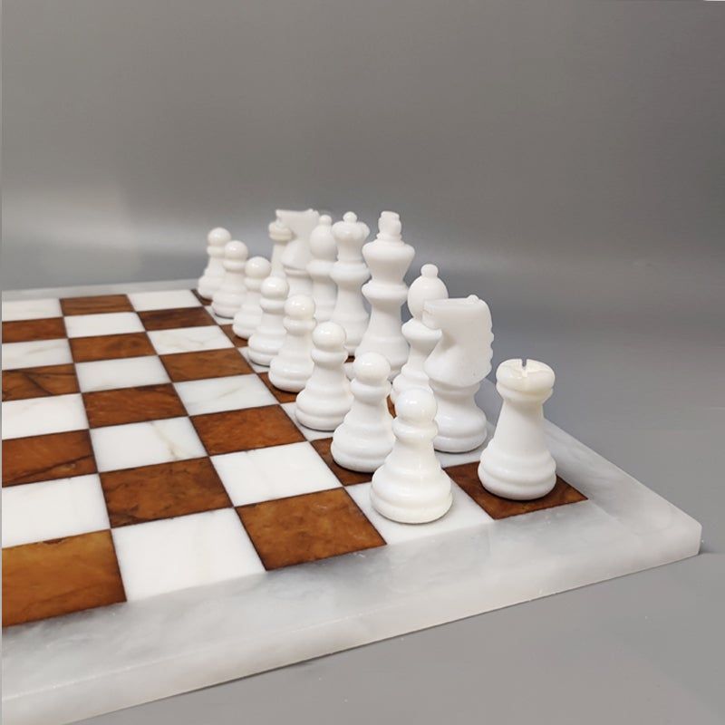 1970s Brown and White Chess Set in Volterra Alabaster Handmade Made in Italy
