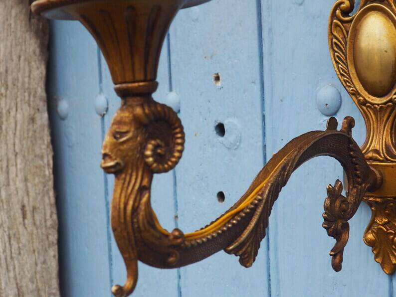 Vintage Rams Head French Bronze Wall Sconces Wall Lights C1930s Pair