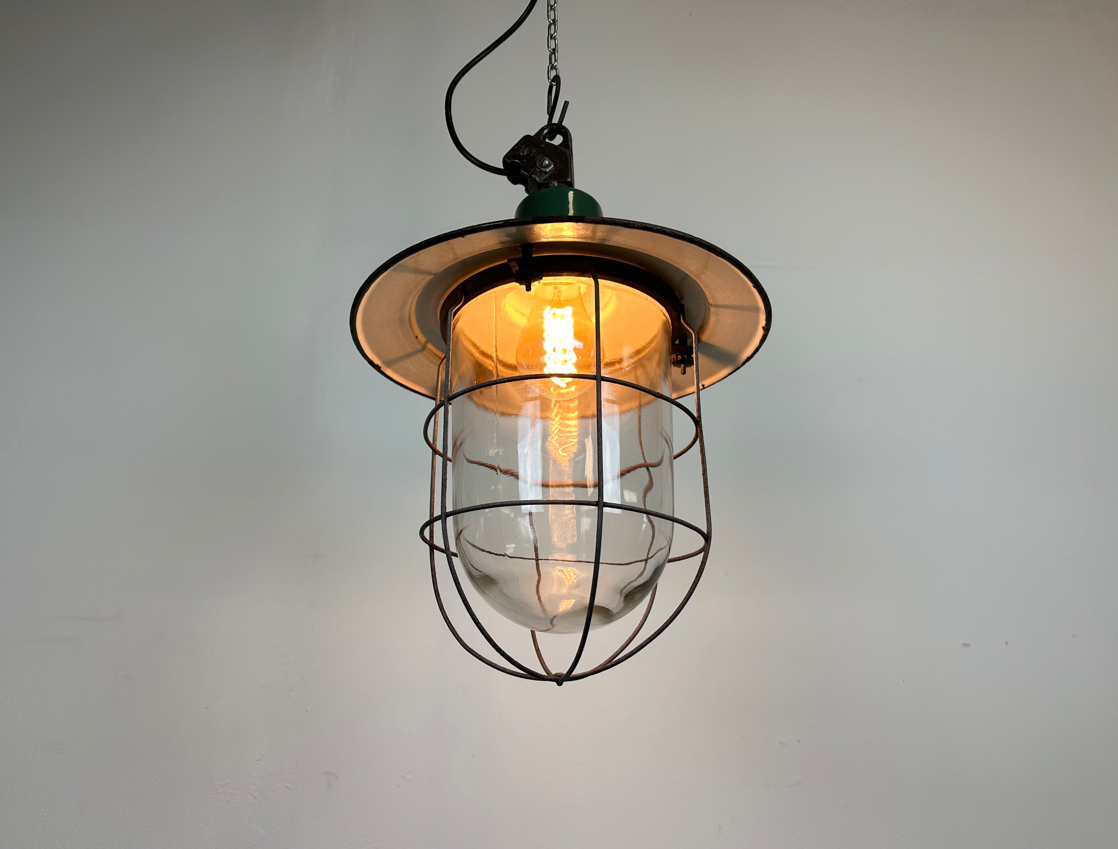 Green Enamel and Cast Iron Industrial Cage Pendant Light, 1960s
