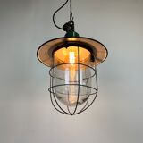Green Enamel and Cast Iron Industrial Cage Pendant Light, 1960s