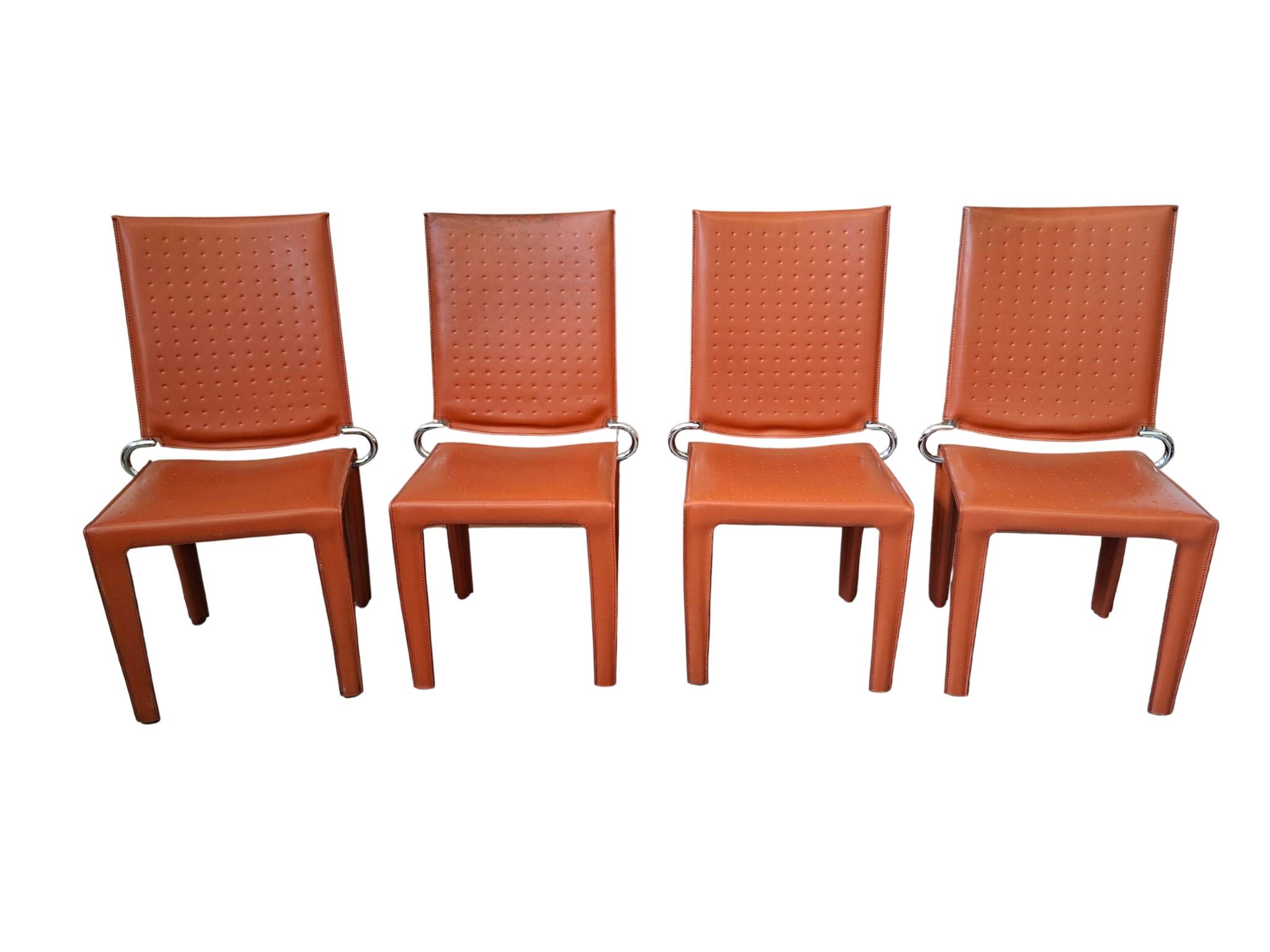 Set di 4 Sedie Design in Cuoio Arancione e Ferro Vintage