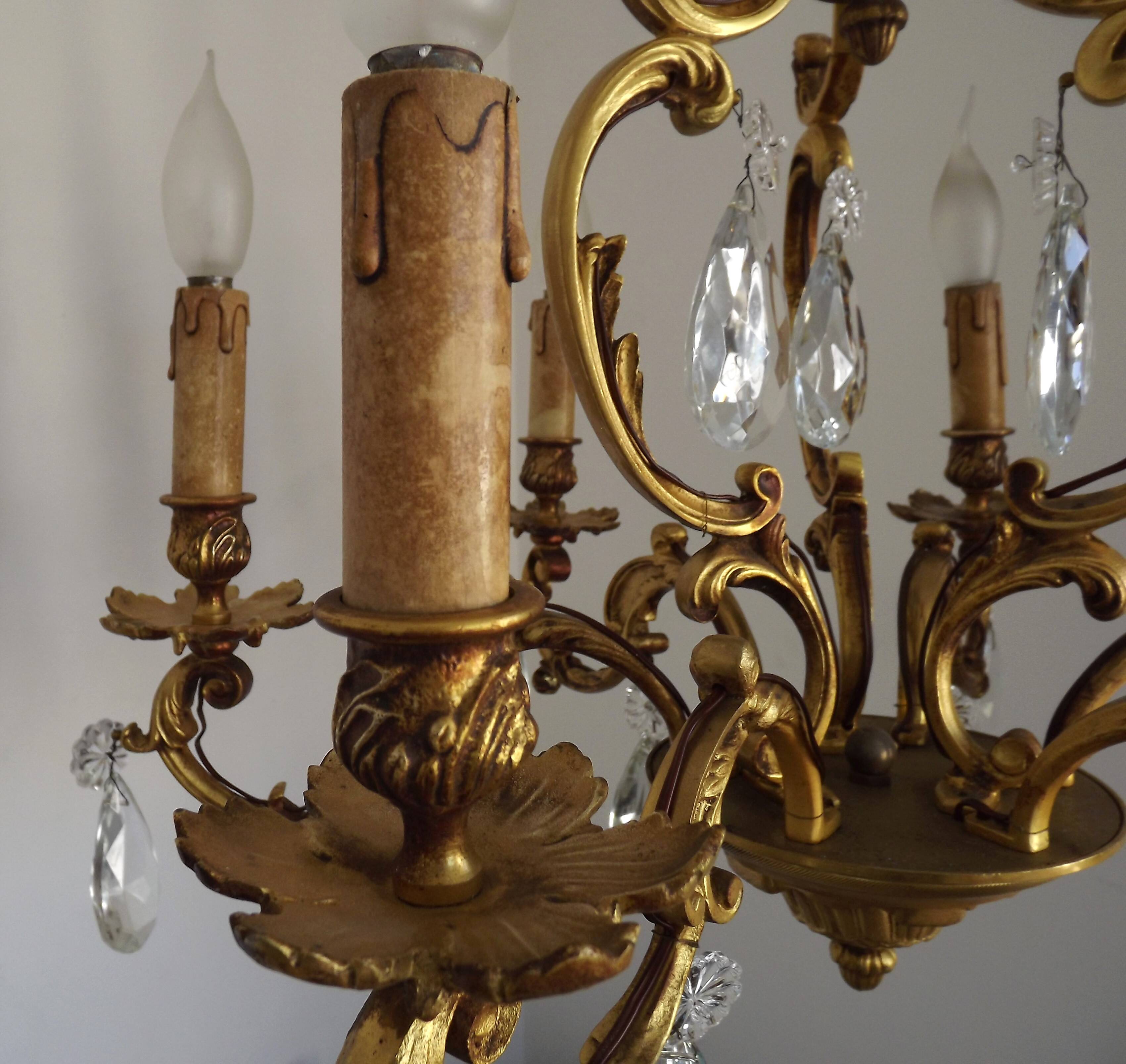 Large Heavy French Art Nouveau 6-Light Brass & Crystal Cage Chandelier