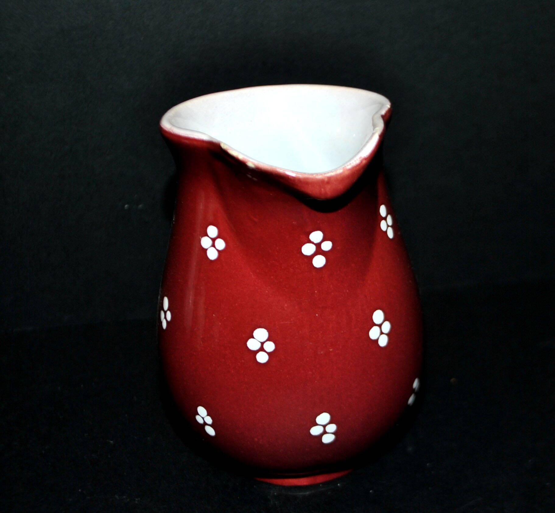 Vintage Elchinger pitcher in glazed ceramic with red polka dots