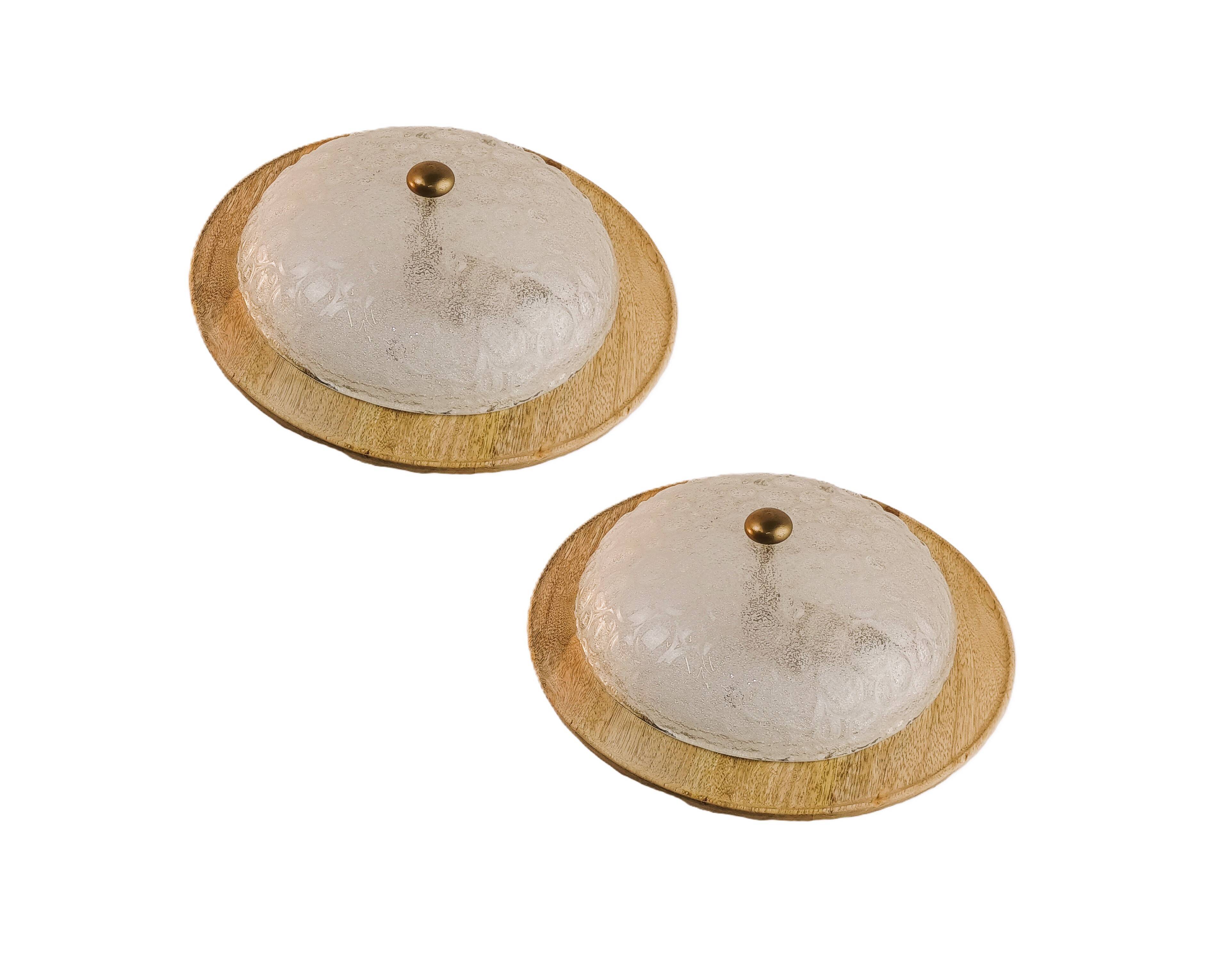 Pair of vintage Murano wall lights with exotic wood shelf.