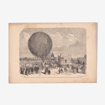 illustration papier  : Champs de Mars Paris  1868 élévation ballon le Géant  (lire description )