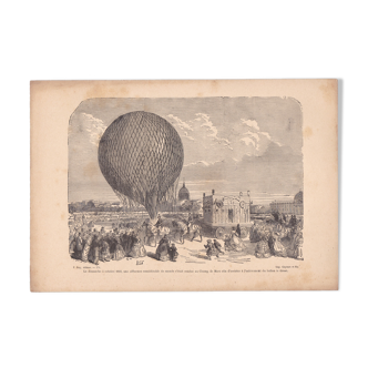 illustration papier  : Champs de Mars Paris  1868 élévation ballon le Géant  (lire description )