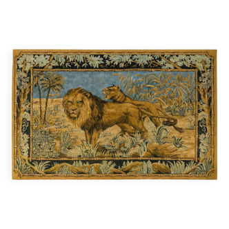 Antique velvet wall tapestry depicting a lion and lioness scene