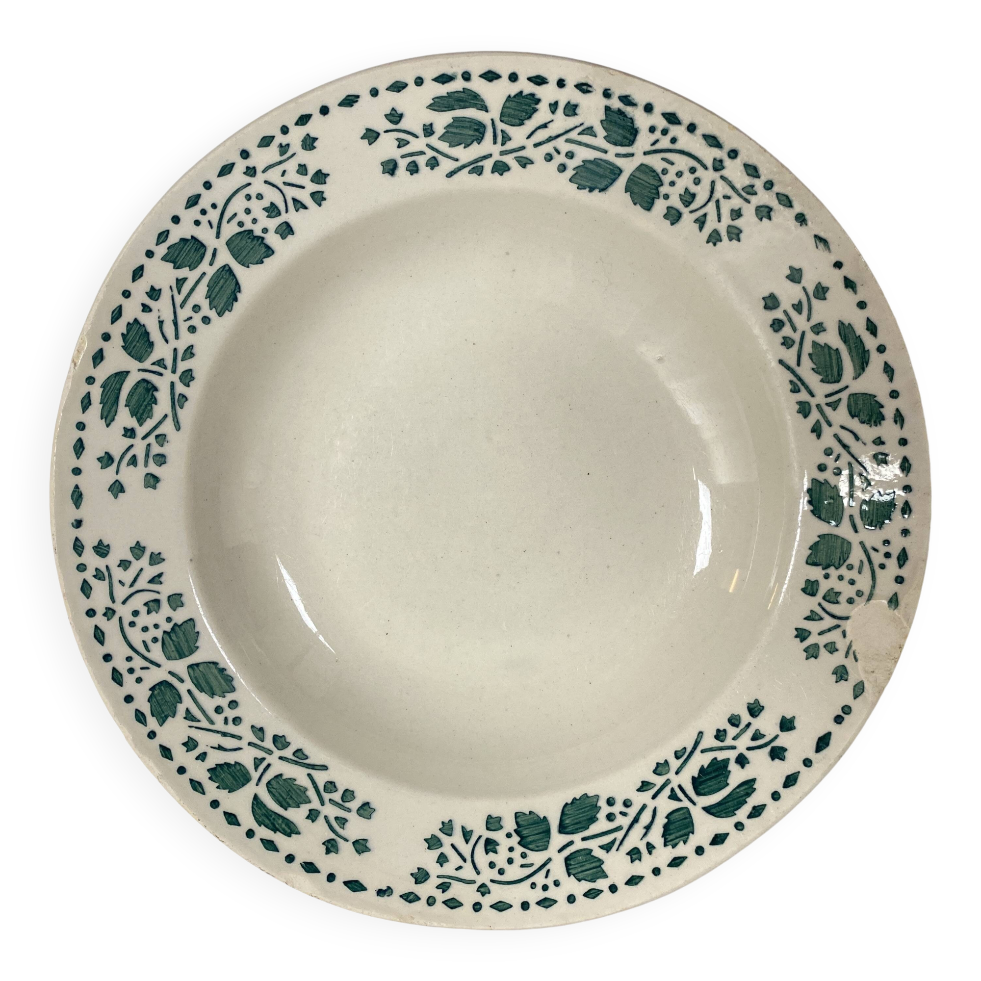 Deep plate, Terre de Fer, Choisy le roi, green stencil with leaf motif