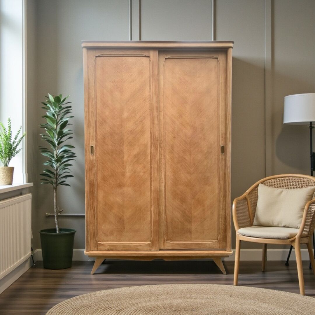 Vintage wardrobe with compass legs in raw wood, sliding doors, 1960s