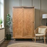 Vintage wardrobe with compass legs in raw wood, sliding doors, 1960s