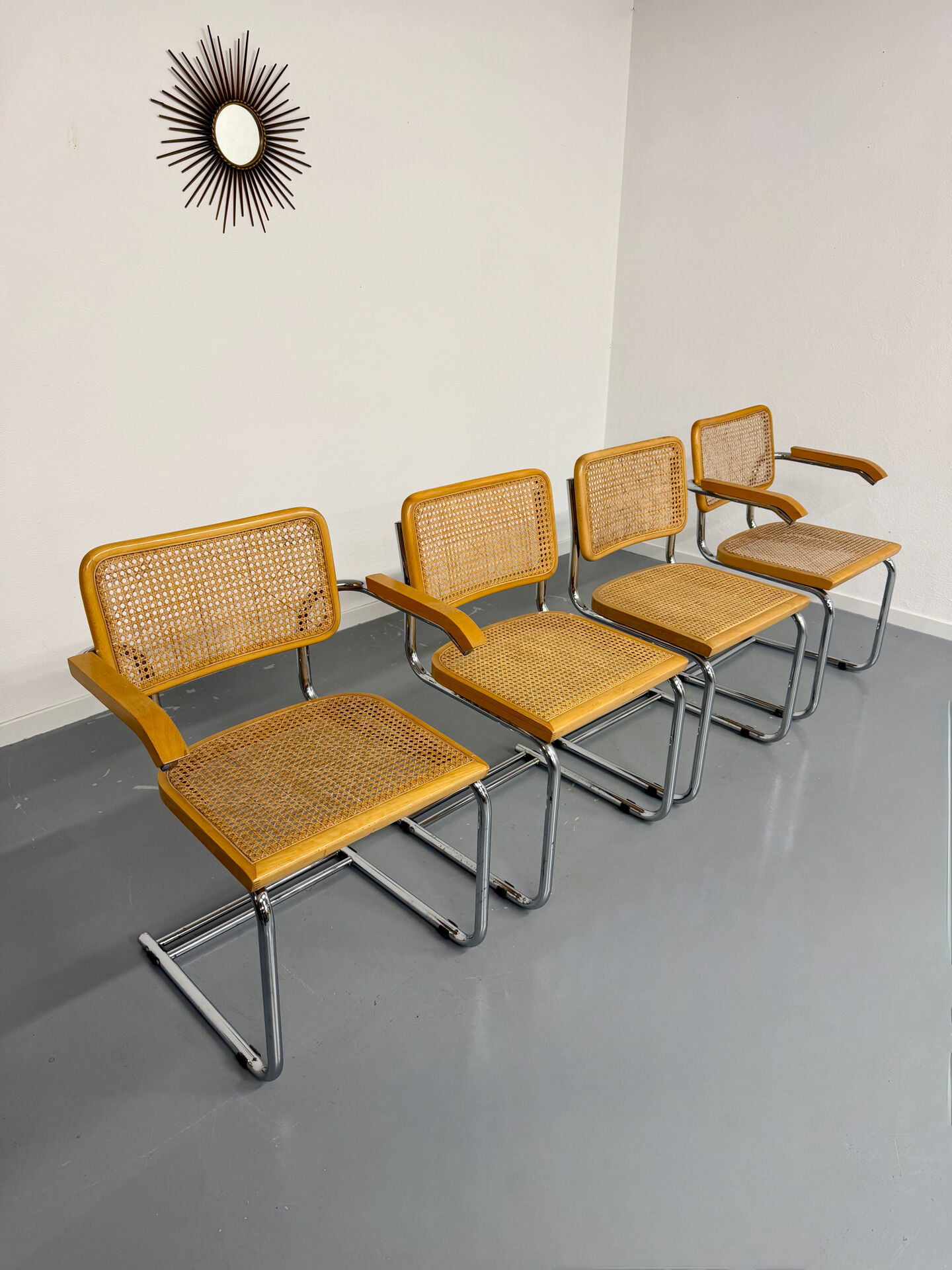 Set of 4 cane cantilever chairs and armchairs, Cesca, 1970s.