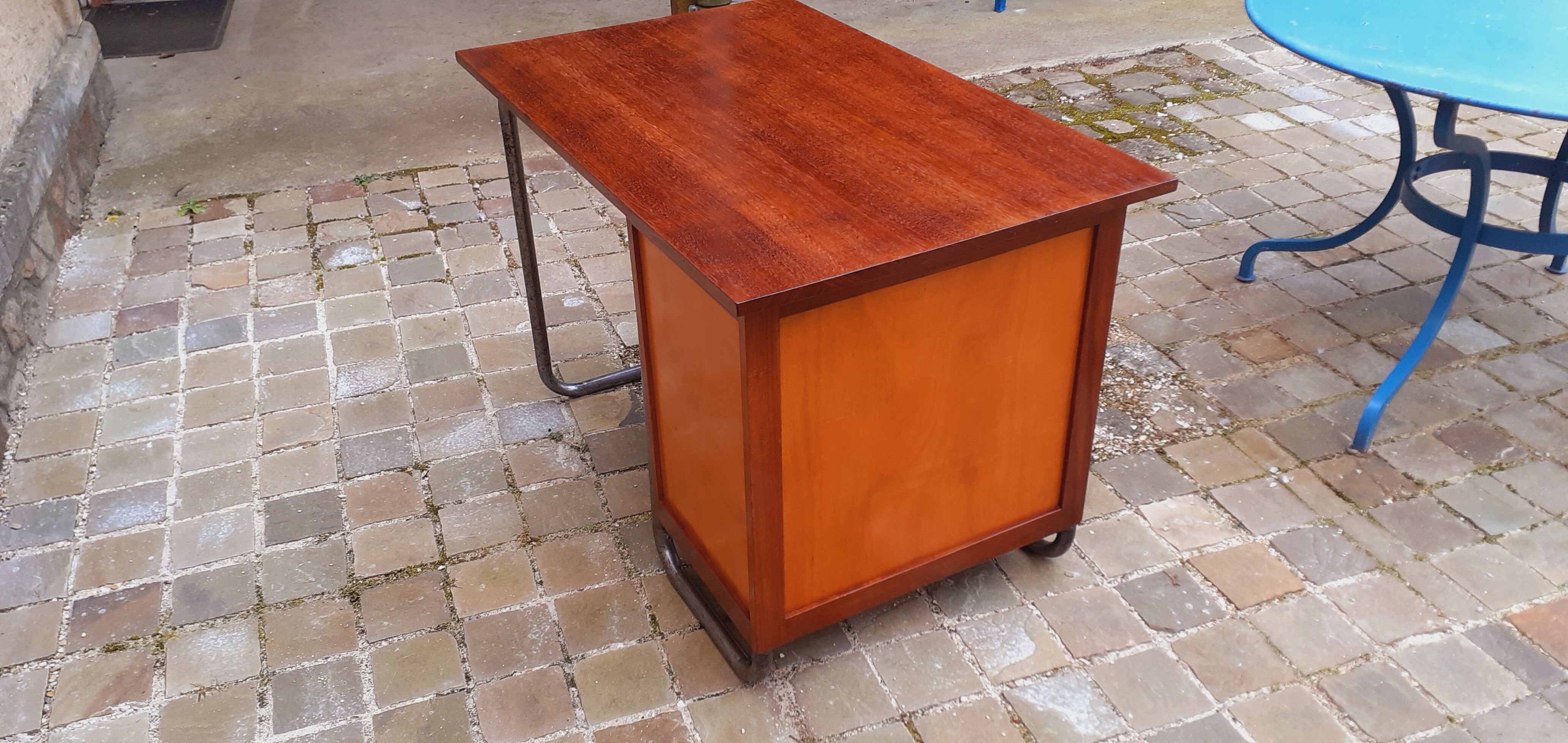 Vintage tubular desk year 50 in solid teak and light wood veneer