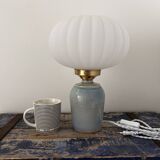 Table lamp in pastel blue and pleated opaline ceramic