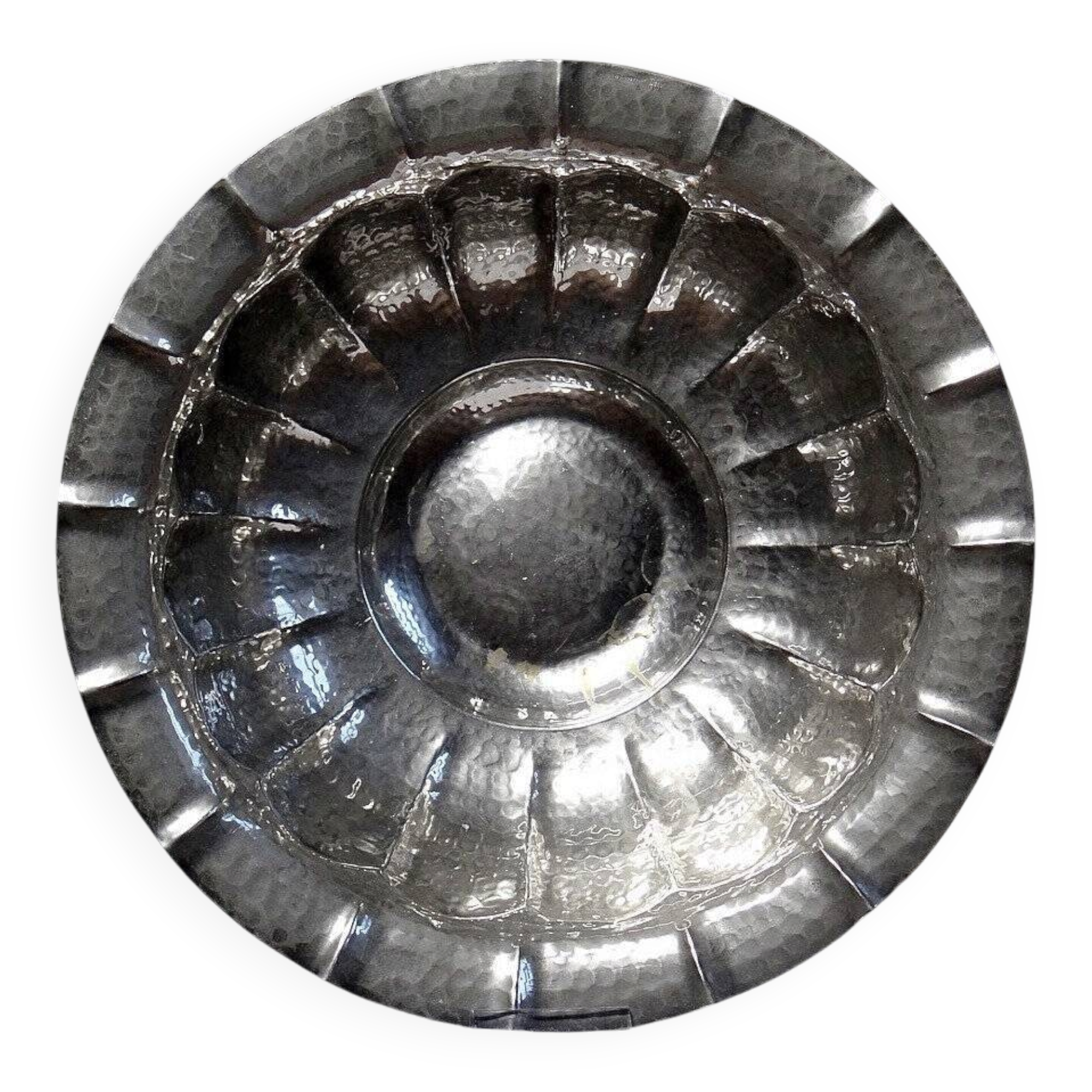 Large basin, bowl, Olri Italy vintage 1950s hammered silver.