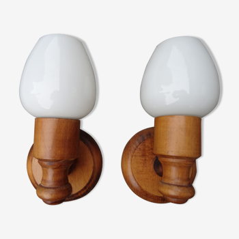 Duo of wood and opaline sconces