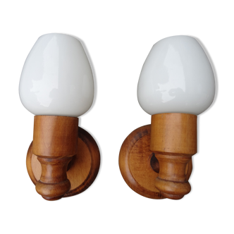 Duo of wood and opaline sconces