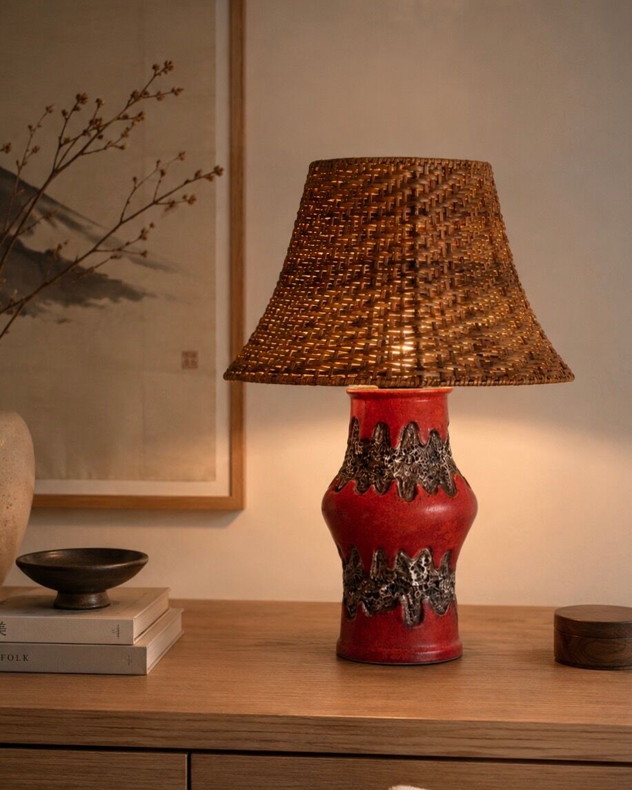 Vintage ceramic lamp from West Germany "Fat Lava" and rattan.