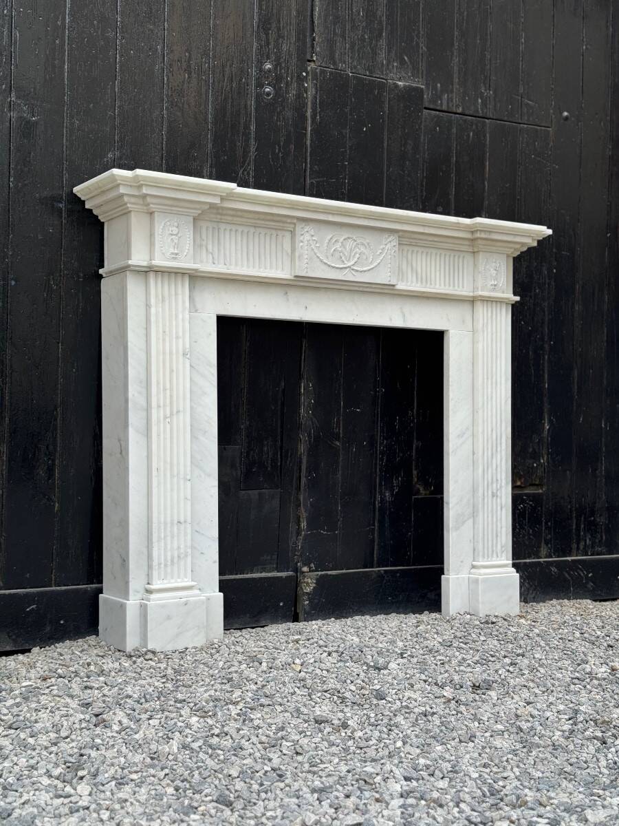 Neoclassical White Carrara Marble Fireplace Circa 1930