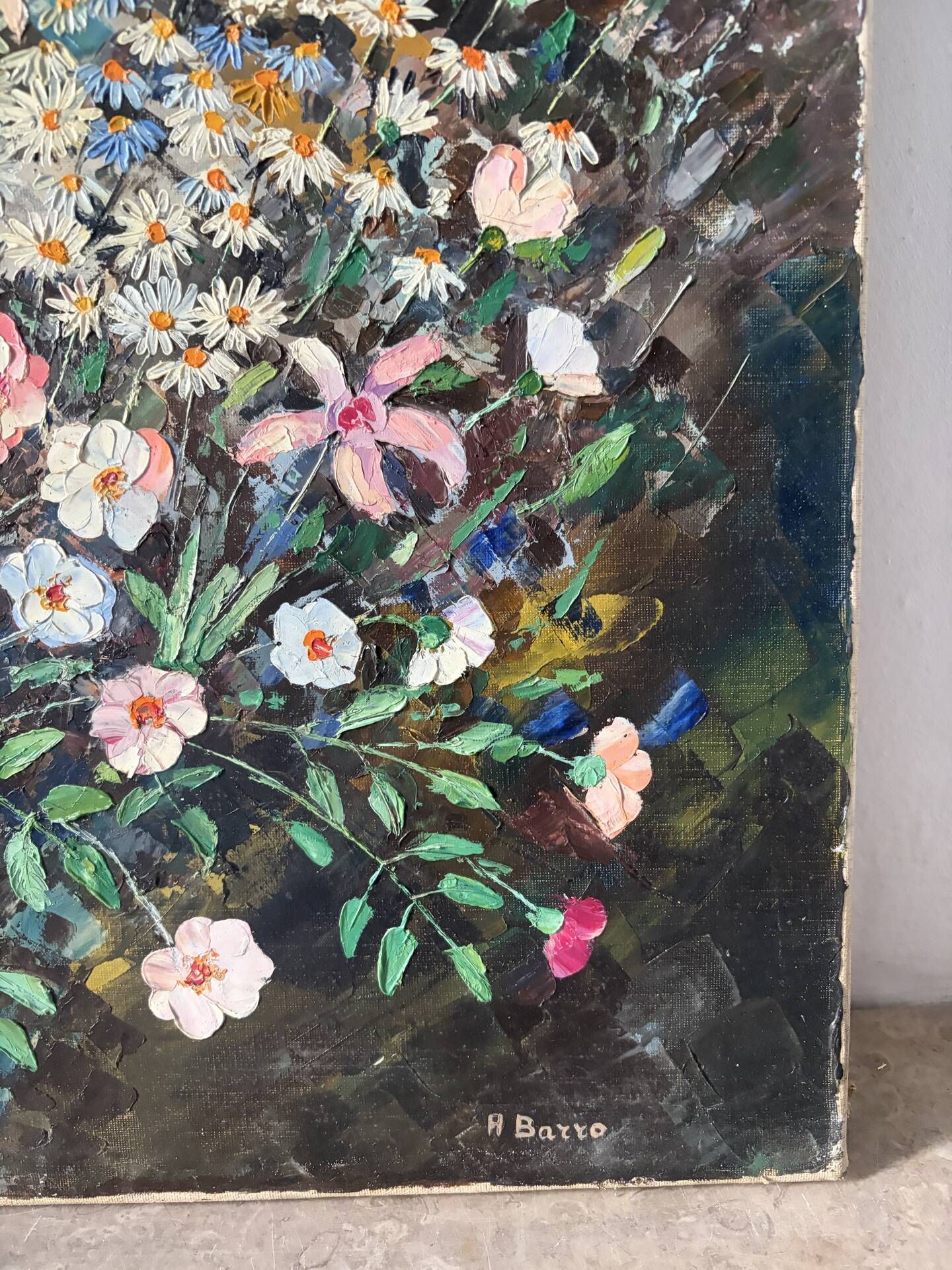 Wildflower bouquet with foxgloves, knife oil painting signed H Barro.