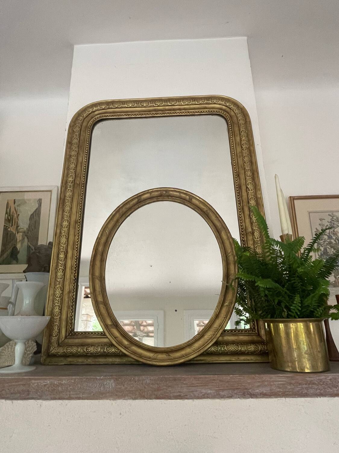58cm patinated gilded wood mirror