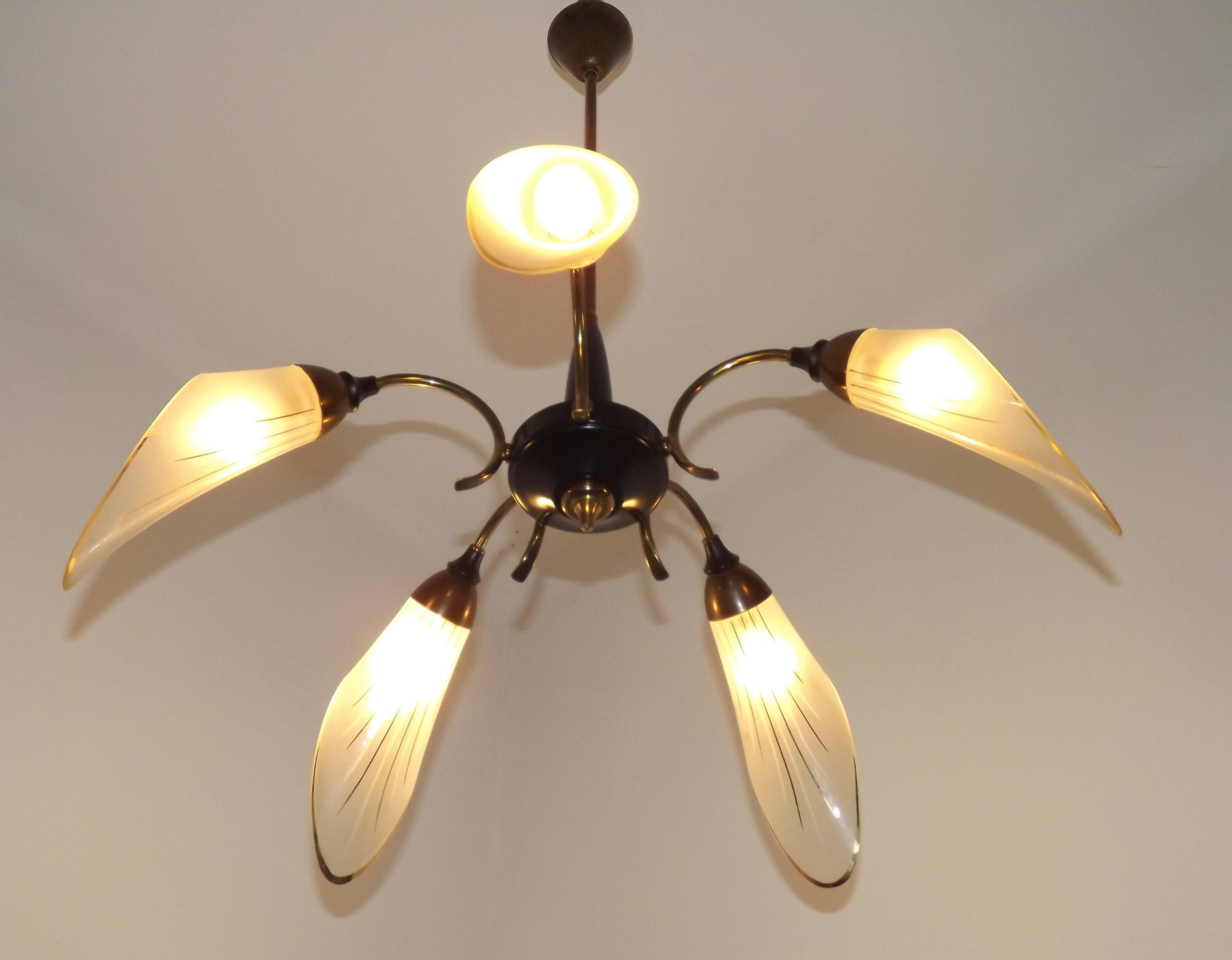 French Vintage Retro Mid Century Black & Gold 5 Arm Chandelier with Glass Shades 5080