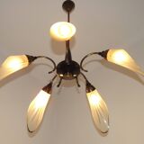 French Vintage Retro Mid Century Black & Gold 5 Arm Chandelier with Glass Shades 5080