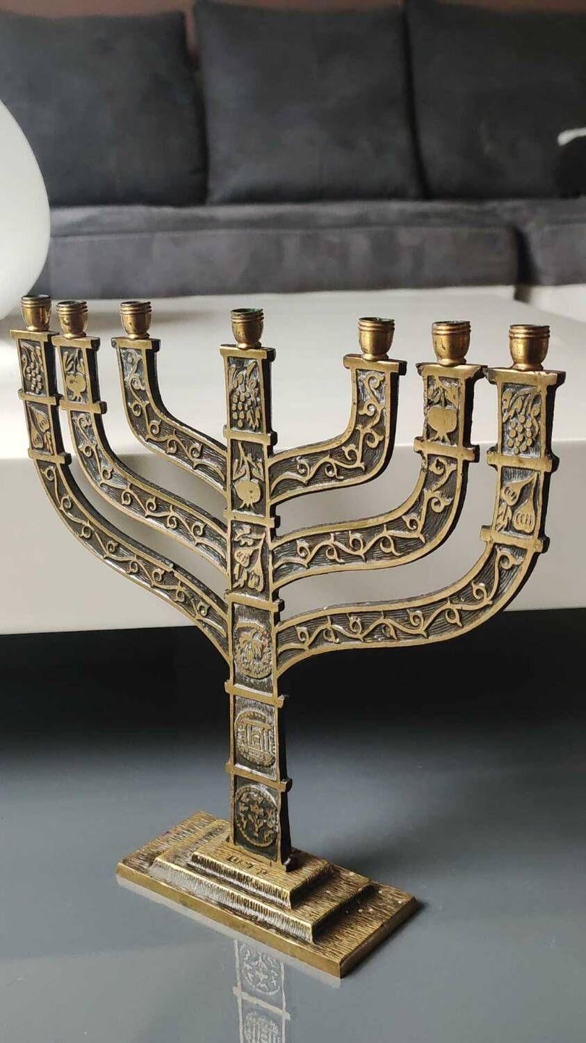 Old Large Menorah/Jewish/Hebrew Candlestick with 7 lights. Signed "Israel". 1950s. Size 23 x 24 cm
