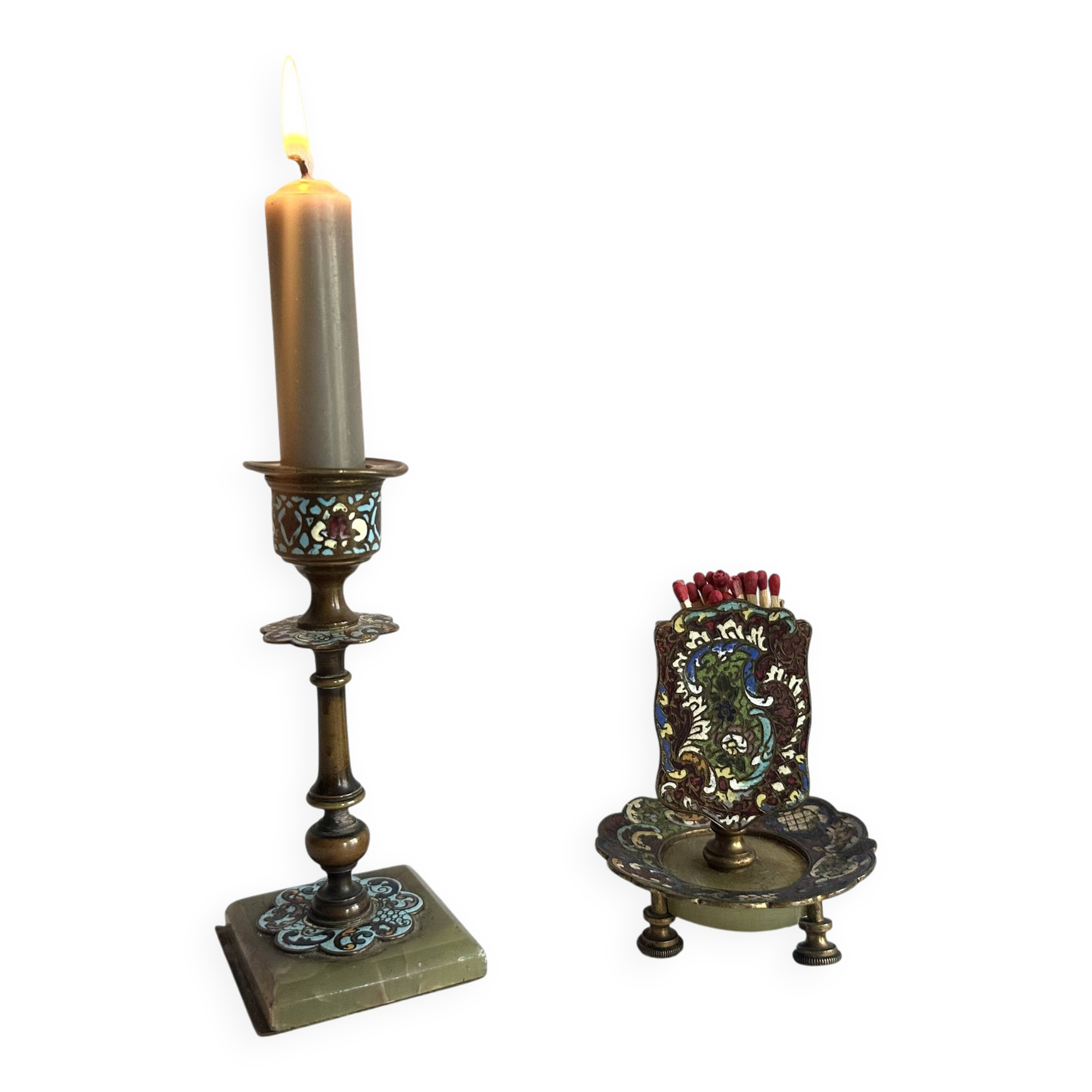 Bougeoir et porte allumettes en bronze et émaux cloisonnés XIXe