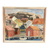 Huile sur toile suédoise d'époque mi-siècle – « Village côtier » par Tryggve Örn, vintage et encadrée – 59,5 × 50,5 cm (23,4" × 19,9")