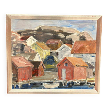 Original Mid Century Swedish Oil On Canvas – “Coastal Village” By Tryggve örn Vintage & Framed – 59.5 × 50.5 Cm (23.4" × 19.9")