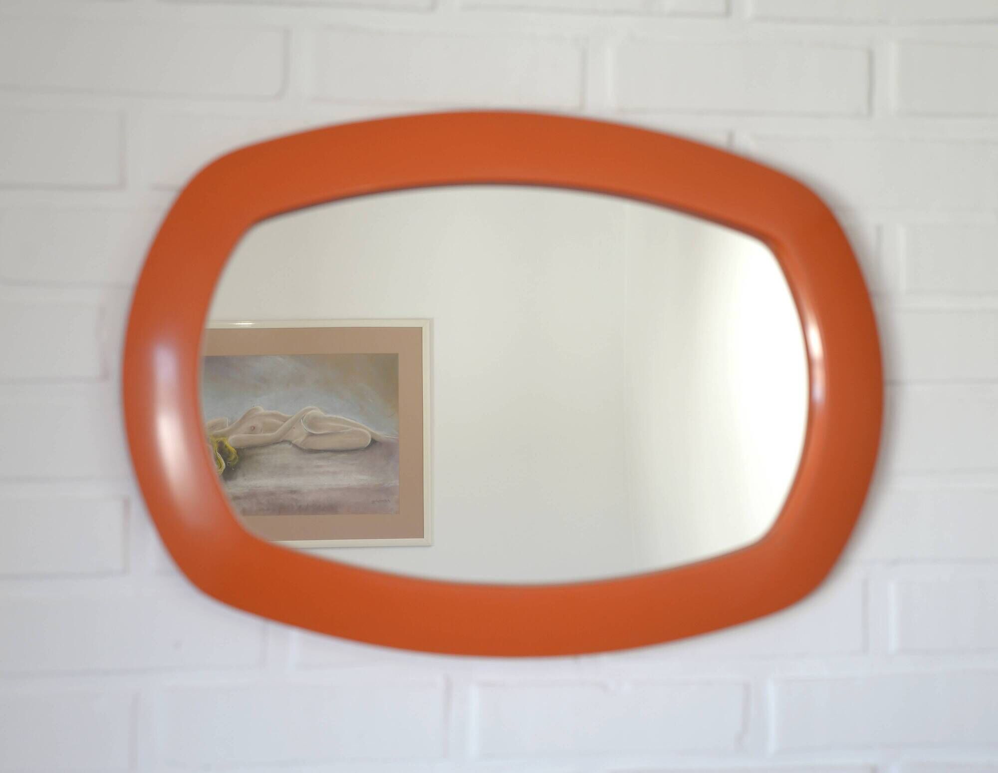Rare 1970s Orange Space Age Mirror | Vintage Pop Art Yugoslav Wall Mirror