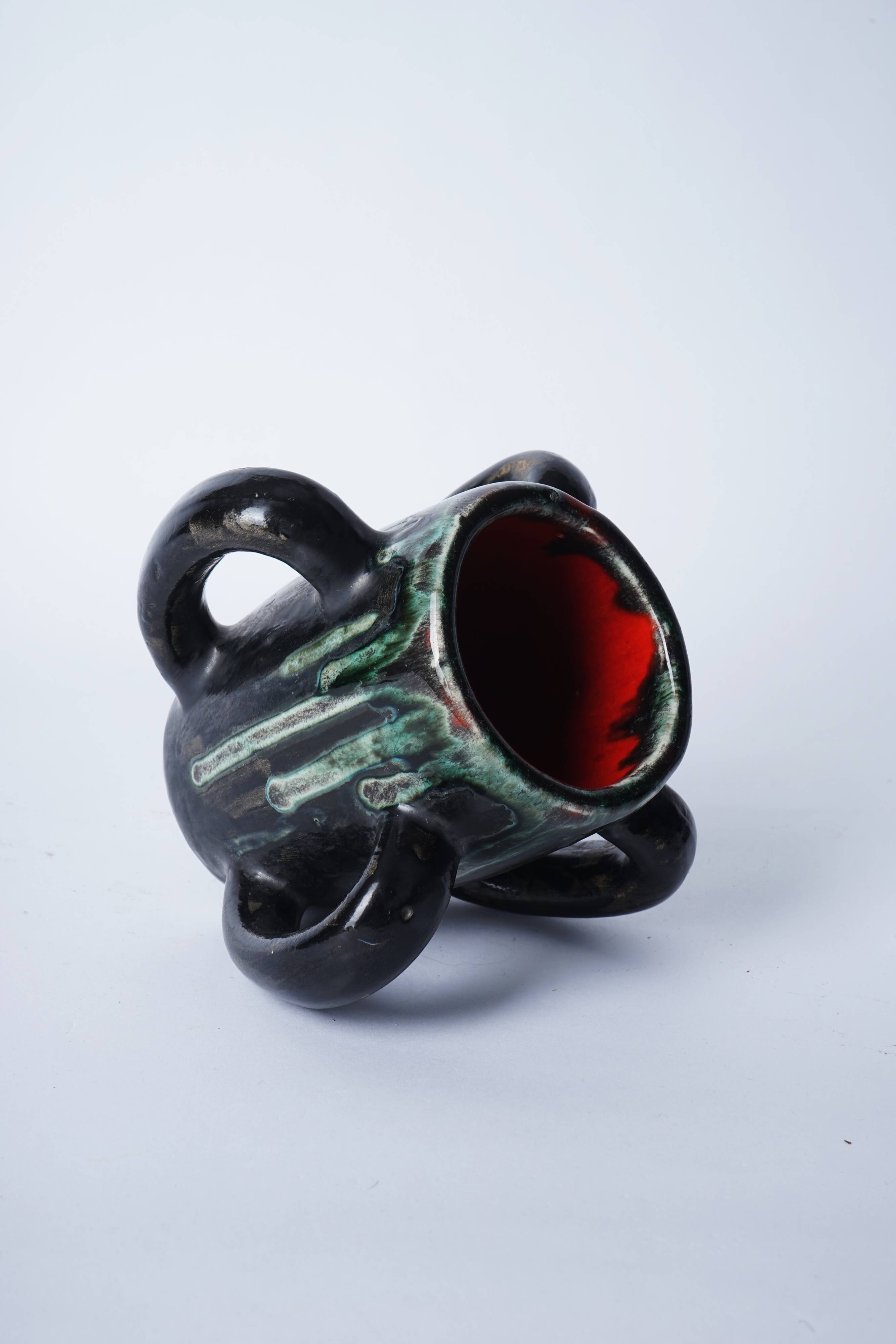 Mug with 4 hanses grey, green interior Red