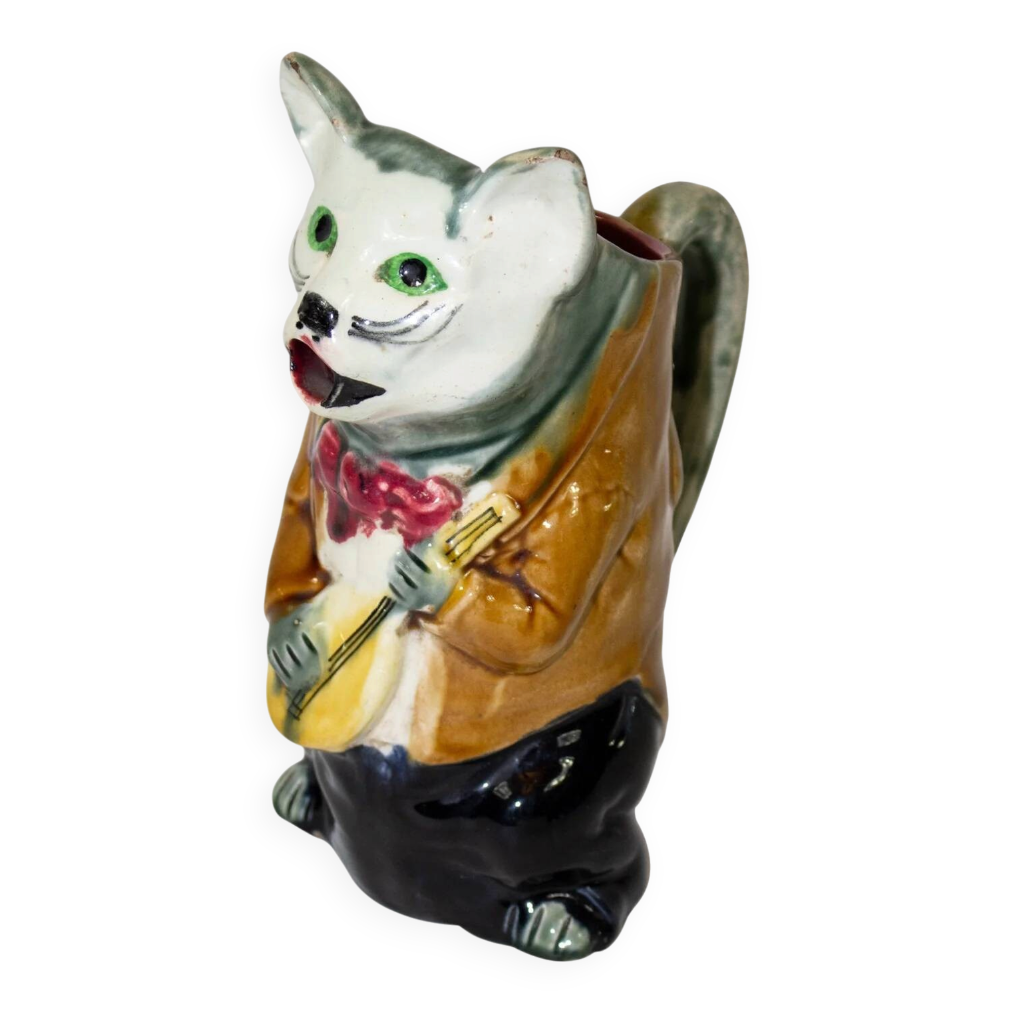 Figurative jug in majolica cat