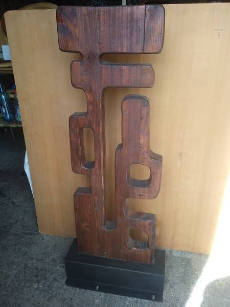Brutalist Totem Sculpture, solid wood on base