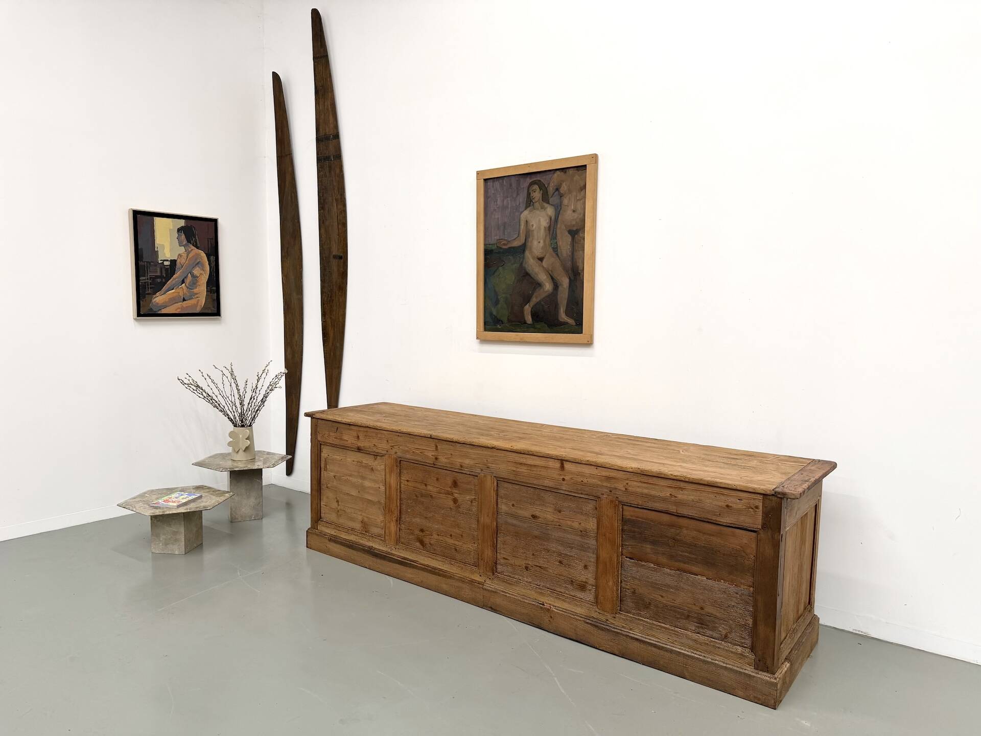 Very large pine trade counter, circa 1920.