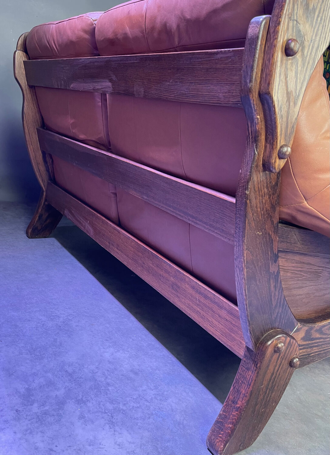 Brutalist style wood and leather sofa