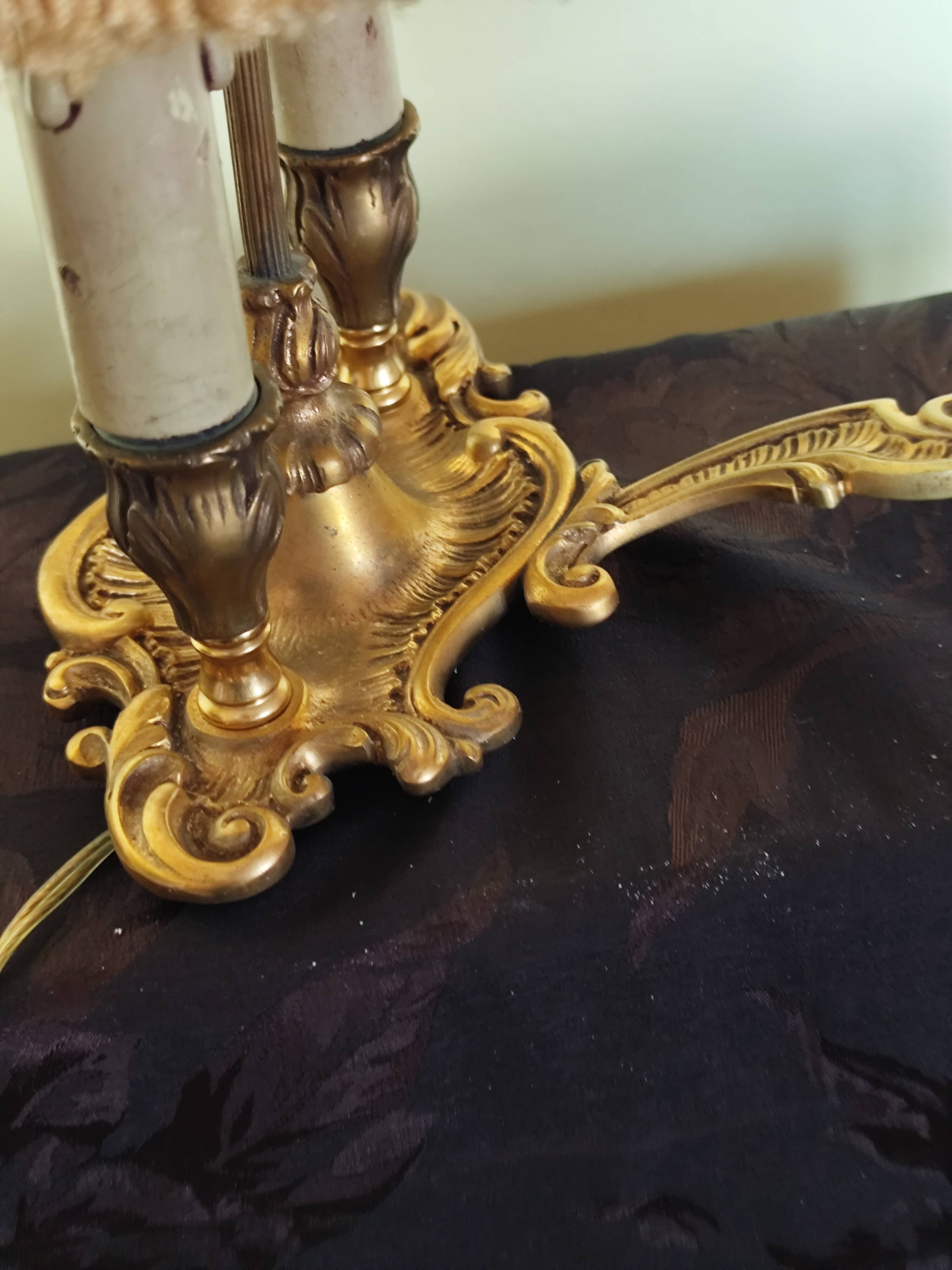 bronze bouillotte lamp with 2 lights and fabric shade