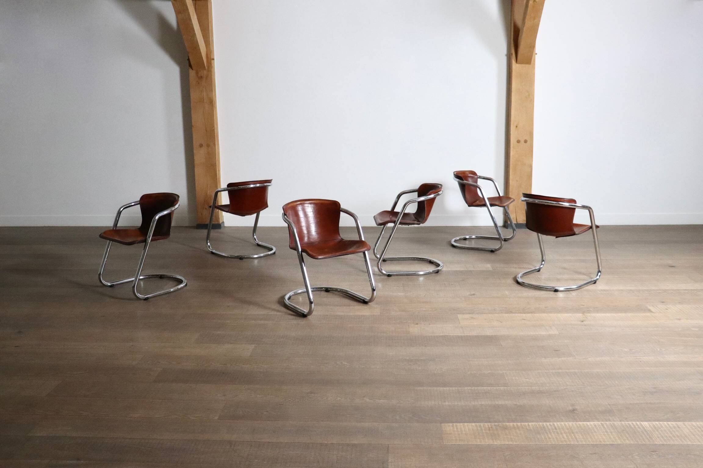 Set of 6 tubular chrome and saddle leather dining chairs for Metaform, 1970