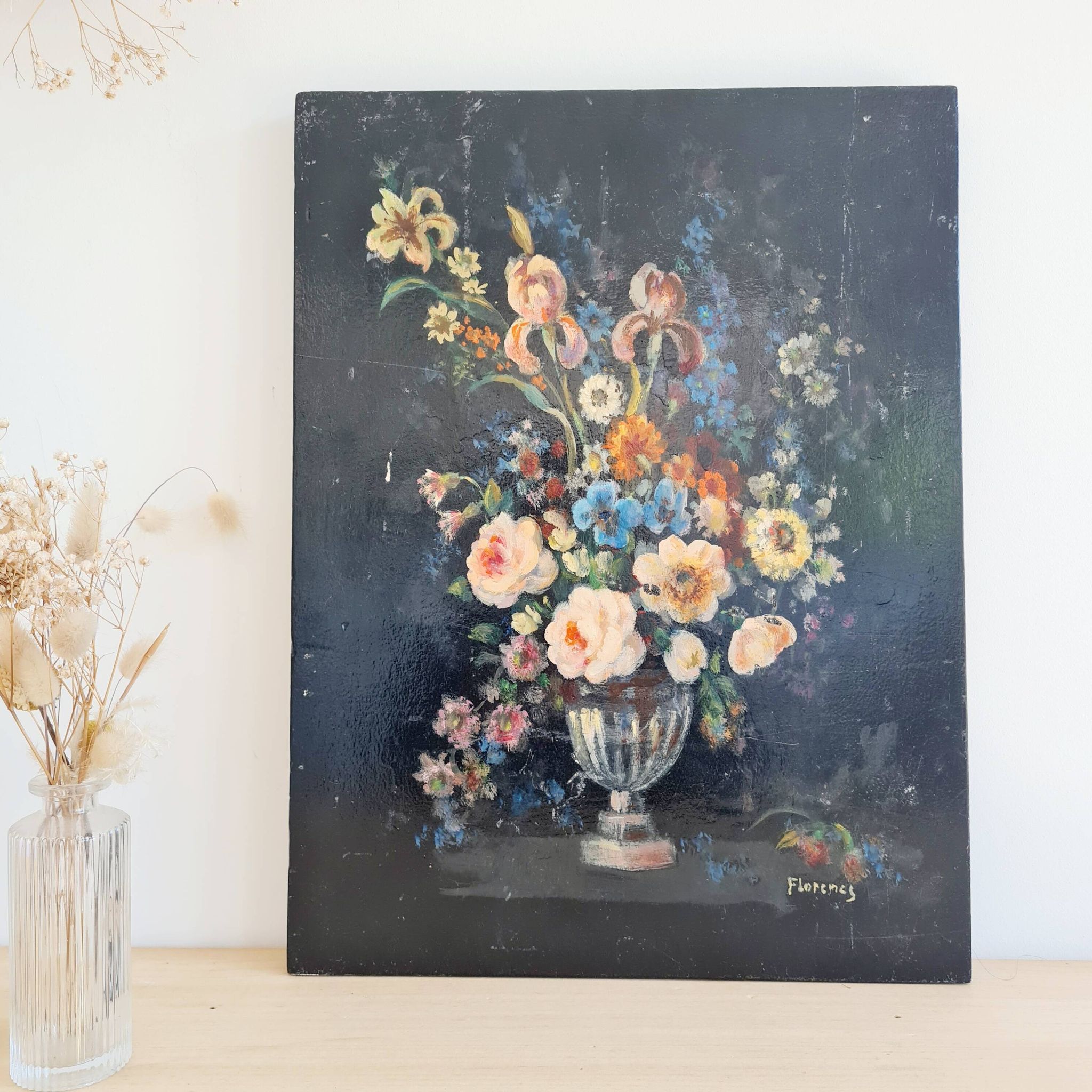 Peinture ancienne - bouquet de fleurs