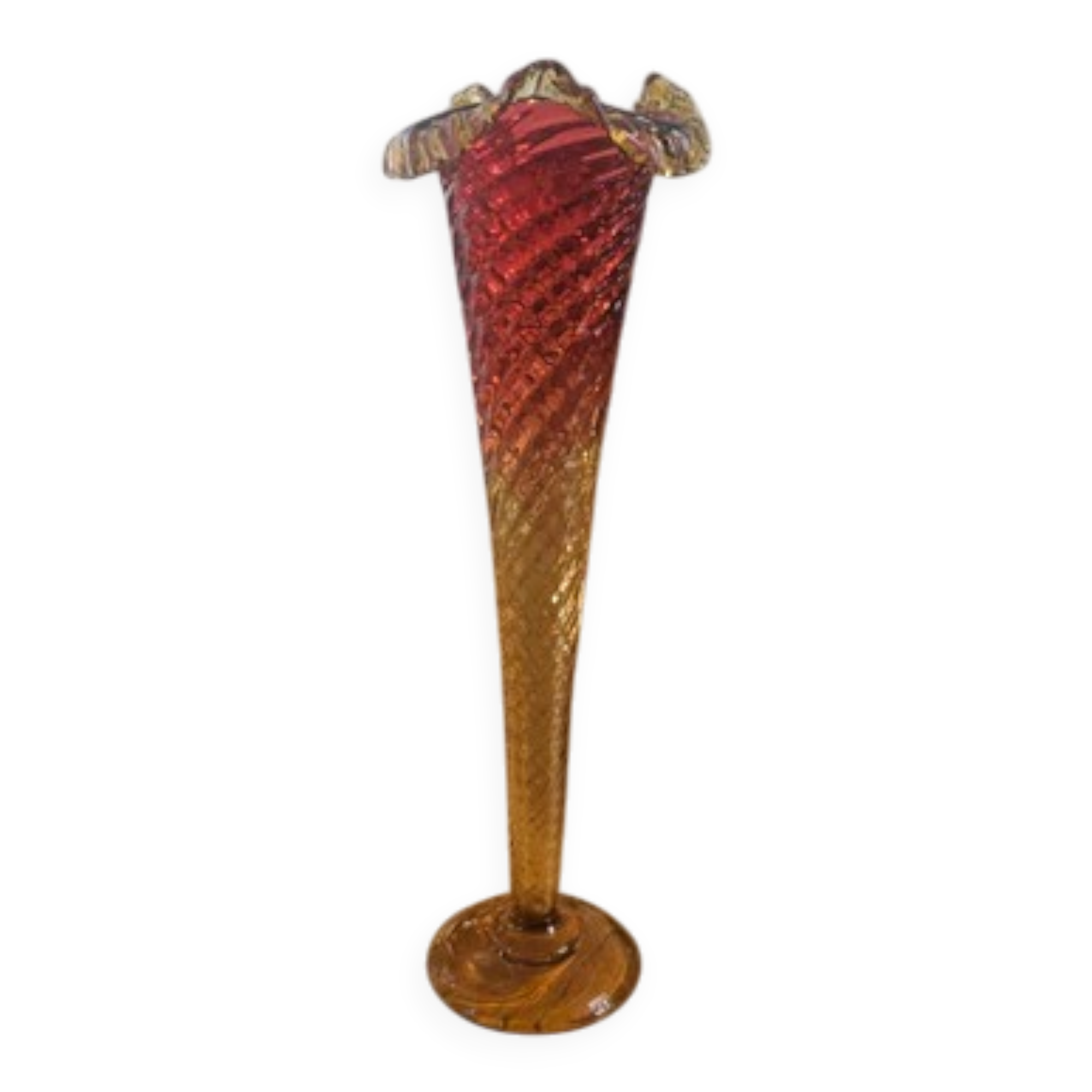 Very large vintage cornucopia vase in gradient red and amber glass - H 53.5 cm