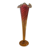 Vase cornet vintage en verre dégradé rouge et ambre - H 53,5 cm